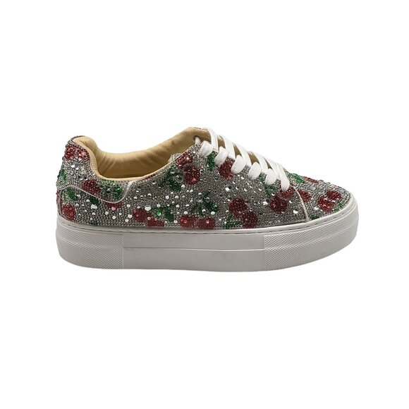 Betsey Johnson Sidney Floral Rhinestone Women Shoes Size 6.5M Silver Red Green - Picture 1 of 9